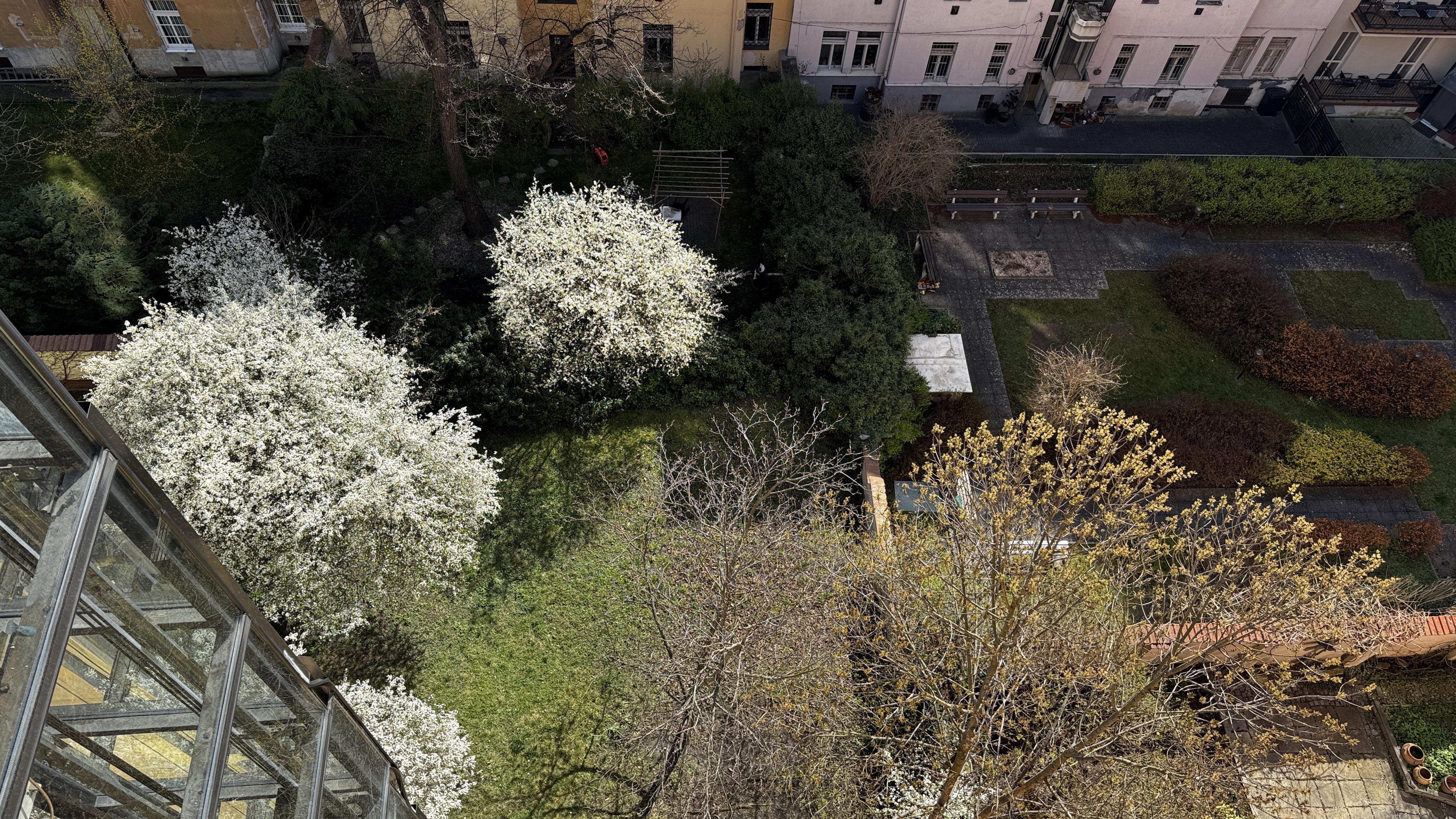 View from the Polska Penthouse balcony down into the private Vinohrady block courtyard — mature trees and a manicured garden hidden behind the period façades
