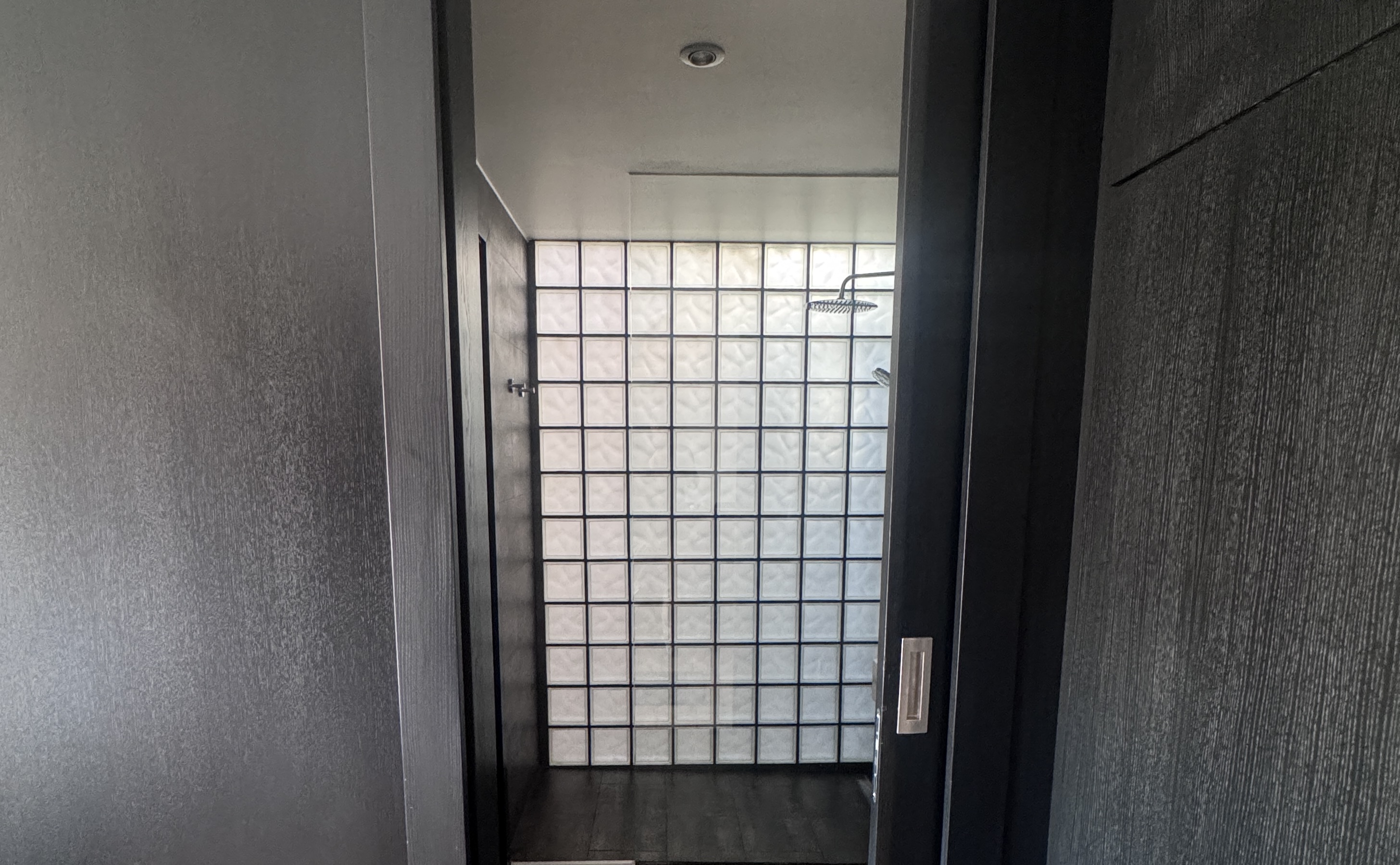 Entrance to the shower room at Polska Penthouse — glass-block wall and polished concrete, mid level of the Great Room, Vinohrady